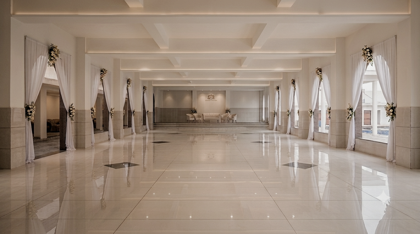 Grand hall decorated with floral drapes at Maharaja Aggarsain Dharamshala
